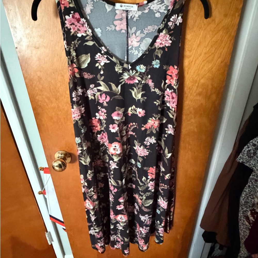 Floral V-Neck Swing Dress - Black with Pink & Green Flowers